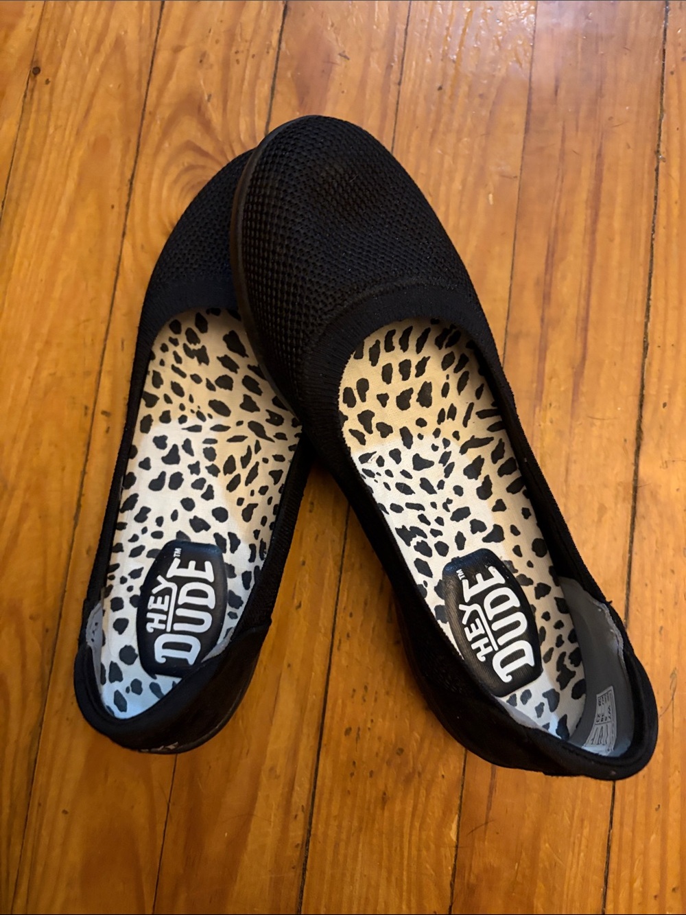 Hey Dude Women's Black Knit Slip-On Ballet Flats with Animal-Print Insole